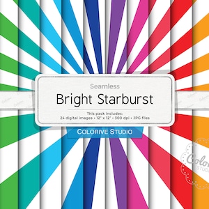 Papéis digitais Starburst brilhantes, fundos de raios de luz solar em cores brilhantes do arco-íris, papéis de scrapbook (download instantâneo)