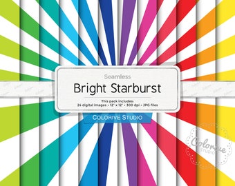 Bright Starburst digital papers, light sun burst rays backgrounds in bright rainbow colors, scrapbook papers (Instant Download)