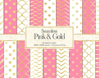 May include: A collection of 18 digital seamless patterns featuring pink and gold color schemes. The designs include stripes, polka dots, scalloped scales, hearts, chevrons, stars, and quatrefoil motifs. Text reads Seamless Pink & Gold 3600 x 3600 pixels.