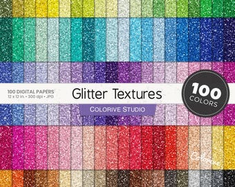 May include: A collection of 100 digital papers featuring glitter textures in a wide spectrum of colors. The image displays vertical strips of sparkling patterns, labeled with the text 100 DIGITAL PAPERS 12 x 12 in. 300 dpi JPG, Glitter Textures, and 100 COLORS.