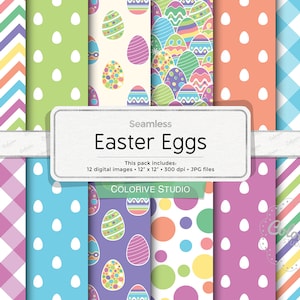 Papel digital de huevos de Pascua, huevos de Pascua decorados con patrones de fondo de rayas de cuadros vichy, papeles para álbumes de recortes (descarga instantánea)