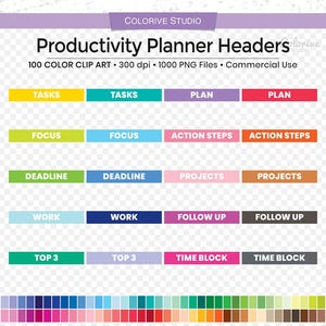 May include: A digital graphic featuring colorful planner headers with text like "Tasks," "Focus," and "Deadline." The image includes a color palette at the bottom and the text "Productivity Planner Headers."