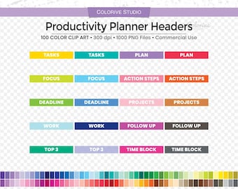 Productivity Planner Headers 100 Colors Header Stickers Clipart (Digital Download)