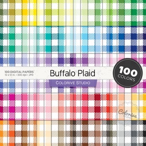 Buffalo Plaid digital paper 100 rainbow colors white buffalo check textile pattern bright pastel printable scrapbook papers commercial use