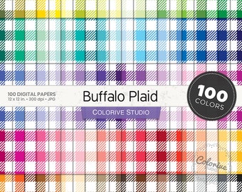 Buffalo Plaid digital paper 100 rainbow colors white buffalo check textile pattern bright pastel printable scrapbook papers commercial use