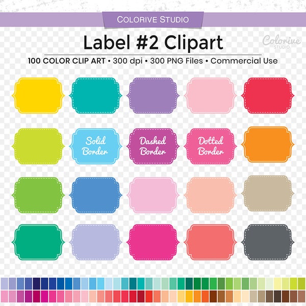 300 Bracket Label clipart in rainbow colors with solid, dashed and dotted white border, frame label tag clip art personal and commercial use