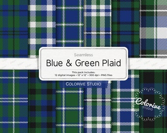 Blue & Green Plaid digital paper, green blue black and white tartan plaid pattern, background scrapbook papers (Instant Download)