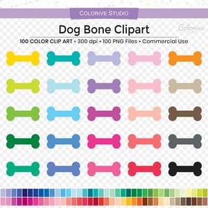 May include: A set of 100 dog bone clip art images in various colors. The bones are arranged in rows of 10, with each row featuring a different color. The colors include yellow, green, blue, purple, pink, orange, brown, gray, and black. The bones are all the same size and shape, and they are all facing the same direction. The image is on a transparent background.