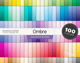 Ombre digital paper 100 rainbow colors solid soft tinted ombre gradient background bright pastel printable scrapbook papers commercial use