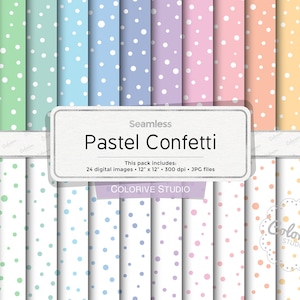 Carta digitale Pastel Confetti, motivo a pois di coriandoli di neve bianchi e colorati in tenui colori arcobaleno, carte per scrapbooking (download immediato)