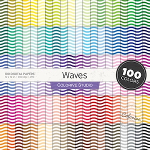 Waves digital paper 100 rainbow colors white wavy chevron wave stripes pattern bright pastel background printable scrapbook papers