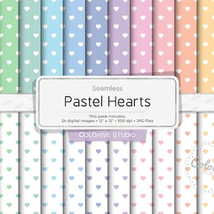 Carte digitali Pastel Hearts, piccoli cuori geometrici arcobaleno, colori tenui, motivi di sfondi d'amore, carte per scrapbooking (download immediato)