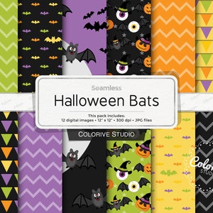 Halloween digital paper, fun Halloween bats moon eyes pumpkins chevron patterns background scrapbook papers personal and commercial use