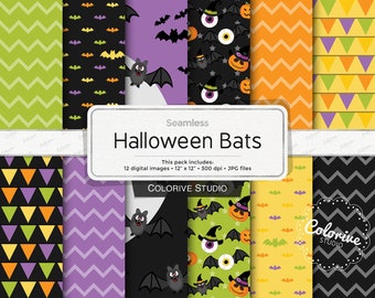 Halloween digital paper, fun Halloween bats moon eyes pumpkins chevron patterns background scrapbook papers personal and commercial use