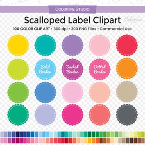 May include: A set of 100 scalloped label clipart images in various colors. The labels have solid, dashed, and dotted borders. The labels are perfect for adding a touch of whimsy to your projects.