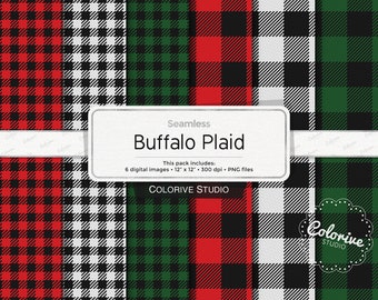 Buffalo Plaid digital paper, red green white and black checkered plaid, lumberjack, gingham, scrapbook papers personal and commercial use