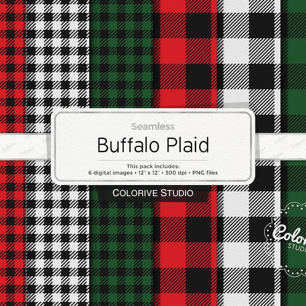 Buffalo Plaid digital paper, red green white and black checkered plaid, lumberjack, gingham, scrapbook papers personal and commercial use