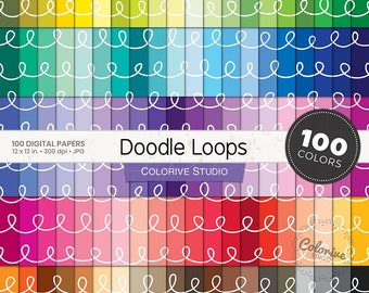 100 Doodle Loops Digital Paper: Seamless Rainbow Loops Pattern, Printable Hand Drawn Scrapbook Backgrounds