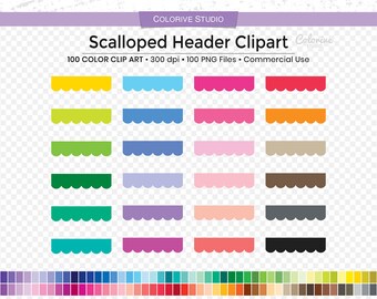 May include: A collection of colorful scalloped header clipart in various colors, including yellow, blue, pink, and red. The image includes the text "Scalloped Header Clipart" and "100 COLOR CLIP ART 300 dpi 100 PNG Files Commercial Use".