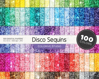 Papel digital Disco Sequins, 100 colores arcoíris, texturas de lentejuelas brillantes y glamurosas, tonos pastel vivos, ideal para imprimir en álbumes de recortes y uso comercial.
