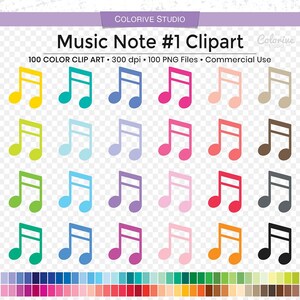 Könnte beinhalten: Ein Satz von 100 bunten Musiknoten-Clipart-Bildern. Die Noten sind in verschiedenen Farben, darunter Rot, Blau, Grün, Gelb, Orange, Lila, Rosa, Braun und Schwarz. Die Noten sind in einem Rastermuster angeordnet. Der Text "Music Note #1 Clipart" befindet sich oben im Bild.