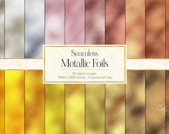 May include: A collection of twenty digital images featuring seamless metallic foils in various shades of silver, rose gold, copper, and gold. The central text reads Seamless Metallic Foils, 20 digital images, 3600 x 3600 pixels, Commercial Use.