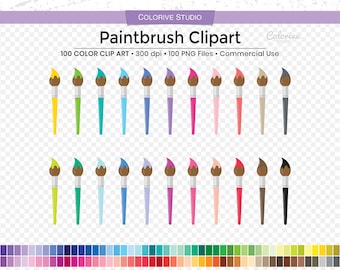 100 Paintbrush Clipart: Rainbow Paint Brush Planner Stickers, Artistic Craft PNG Graphics