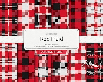 Red Plaid digital paper, buffalo check, checkered tartan, lumberjack, gingham, pattern background scrapbook papers commercial use