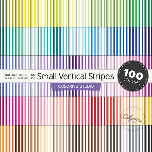 Small Vertical Stripes digital paper 100 rainbow colors straight striped background pattern bright pastel printable scrapbook papers