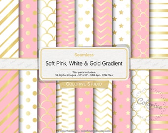 Soft Pink, White & Gold digital paper, light pink and gold, white and gold gradient, gold wedding, scrapbook papers (Instant Download)