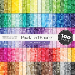 Pixelated digital paper 100 rainbow colors pixels background pattern bright pastel printable scrapbook papers personal and commercial use