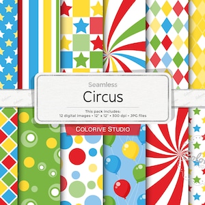 Digitaal circuspapier, patronen voor verjaardagsfeestjes ballonnen in blauw, rood, groen en geel, scrapbookpapier als achtergrond voor carnaval commercieel gebruik