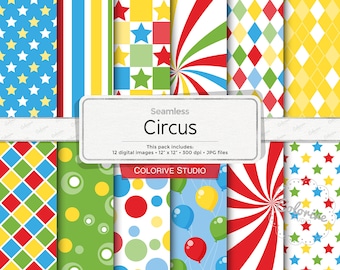 Circus digital paper, balloons birthday party patterns in blue, red, green and yellow, carnival background scrapbook papers commercial use