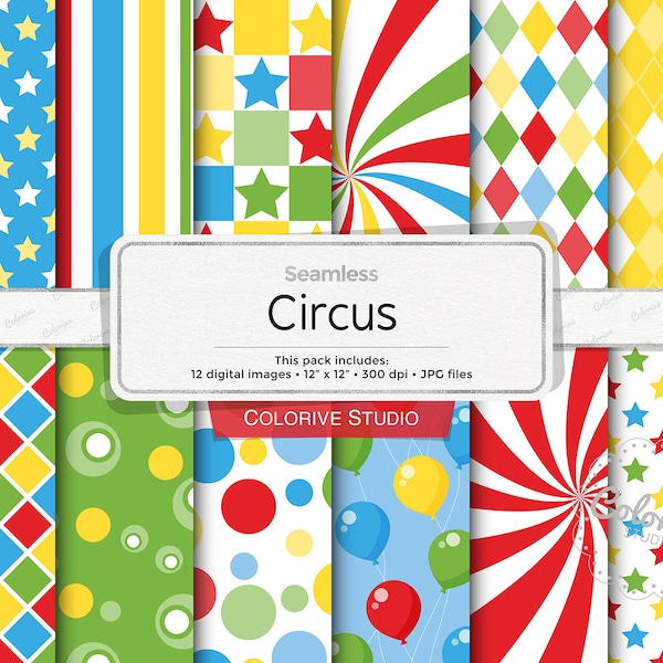 Circus digital paper, balloons birthday party patterns in blue, red, green and yellow, carnival background scrapbook papers commercial use