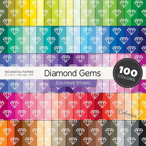 Diamond Gems digital paper 100 rainbow colors bright pastel background pattern printable scrapbook papers personal and commercial use