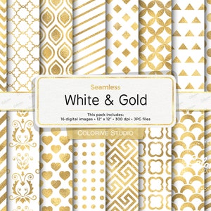 White and Gold digital paper, seamless elegant gold wedding patterns on white background scrapbook papers commercial use