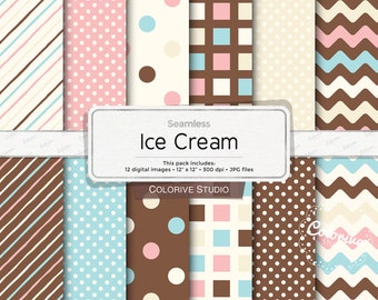 Ice Cream digital paper, light blue brown pink vanilla chocolate bakery cake cream background scrapbook papers personal and commercial use