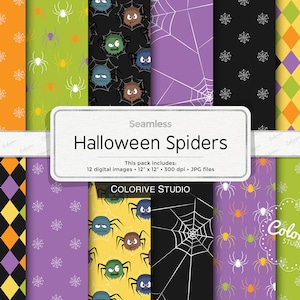 Halloween digital paper, spiders and webs pattern in purple green yellow and black background scrapbook papers personal and commercial use