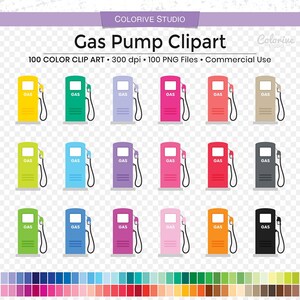 Könnte beinhalten: Eine Sammlung farbenfroher Tankstellen-Cliparts in verschiedenen Farben, darunter Gelb, Grün, Blau, Lila, Rosa, Rot und Schwarz. Jede Pumpe hat eine Düse und die Aufschrift "GAS". Das Bild enthält auch den Text "Gas Pump Clipart" und "Colorive Studio".