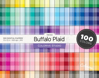 May include: 100 digital papers featuring a buffalo plaid pattern in various colors. Each paper is 12 inches by 12 inches and 300 dpi. The papers are titled "Tinted Buffalo Plaid" and "Colorive Studio".