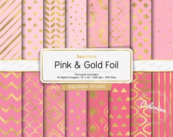Papel digital rosa y dorado, elegantes diseños sin costuras, fondos para álbumes de recortes en rosa y dorado imprimibles (descarga digital)