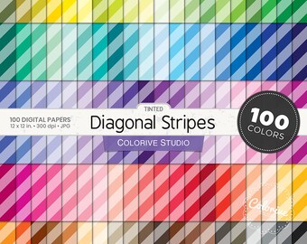 100 Tinted Seamless Diagonal Stripes Digital Papers, Rainbow Pastel Bright, Scrapbooking Background Pattern
