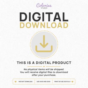 Puede incluir: Un gr&aacute;fico de descarga digital con el texto Colorive Studio, DIGITAL DOWNLOAD, THIS IS A DIGITAL PRODUCT, No physical items will be shipped, You will receive digital files to download after your purchase, INSTANT DOWNLOAD, USE OVER AND OVER, PRINT OR USE DIGITALLY.
