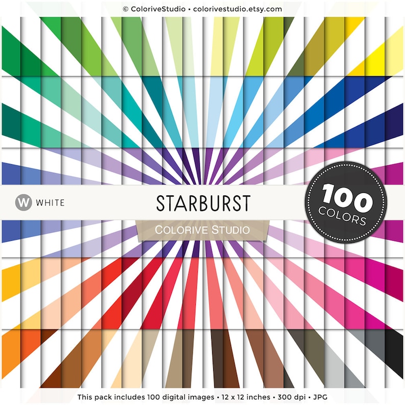 Starburst Digital Paper 100 Rainbow Colors Fun Sunburst Light Etsy