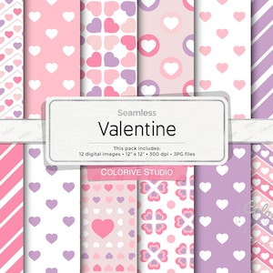 Valentine digital papers, love hearts patterns pink lilac valentine&#39;s day background scrapbook papers personal and commercial use