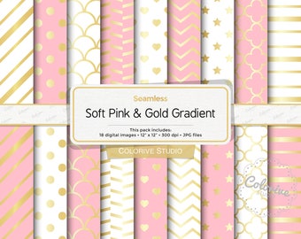 Soft Pink, White & Gold digital paper, light pink and gold, white and gold gradient, gold wedding, scrapbook papers (Instant Download)