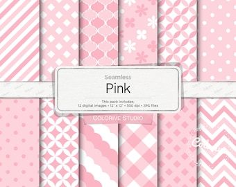 Pink digital paper, gingham flowers polka dot stripes patterns in soft pink shades and white, background scrapbook papers commercial use
