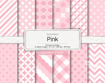 Pink Gingham & Floral Digital Paper: Scrapbook Patterns (Digital Download)