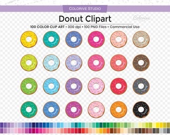 May include: 100 colorful donut clip art images. Each donut is a different color with sprinkles. The donuts are arranged in a grid pattern. The image also includes a color palette with various shades of pink, red, orange, yellow, green, blue, purple, and brown.