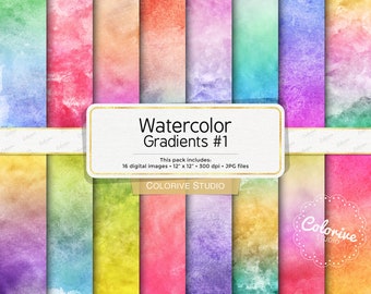 Watercolor Gradients digital paper, rainbow water color ombre background paint brush strokes scrapbook papers personal and commercial use